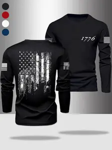 Men's Spring Fall American Vintage Distressed Flag Long Sleeve T-Shirt, Casual Fitted Geometric Pattern, Daily Wear, Multiple Colors Available
