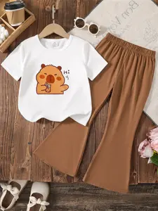 2-Piece Minimalist & Adorable Girls' Capybara Print Outfit Cute Clothing Set | Short Sleeve T-Shirt + Brown Flare Pants Casual Set