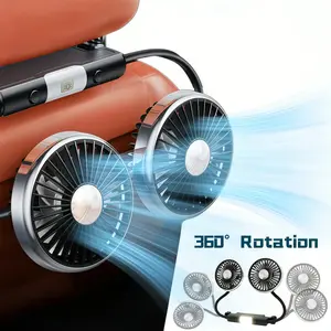 2 IN 1 Car Backseat Fan with LED Light, 360° Rotatable Car Seat Dual Head Fan Flexible for Baby Kids Child, Back Seat Cooling Fan Air Conditioner for Office Travel Sport Vehicle SUV RV Pickup Truck Headrest, 3 Adjustable Speeds USB Powered