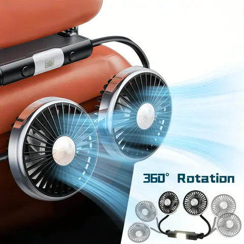 2 IN 1 Car Backseat Fan with LED Light, 360° Rotatable Car Seat Dual Head Fan Flexible for Baby Kids Child, Back Seat Cooling Fan Air Conditioner for Office Travel Sport Vehicle SUV RV Pickup Truck Headrest, 3 Adjustable Speeds USB Powered