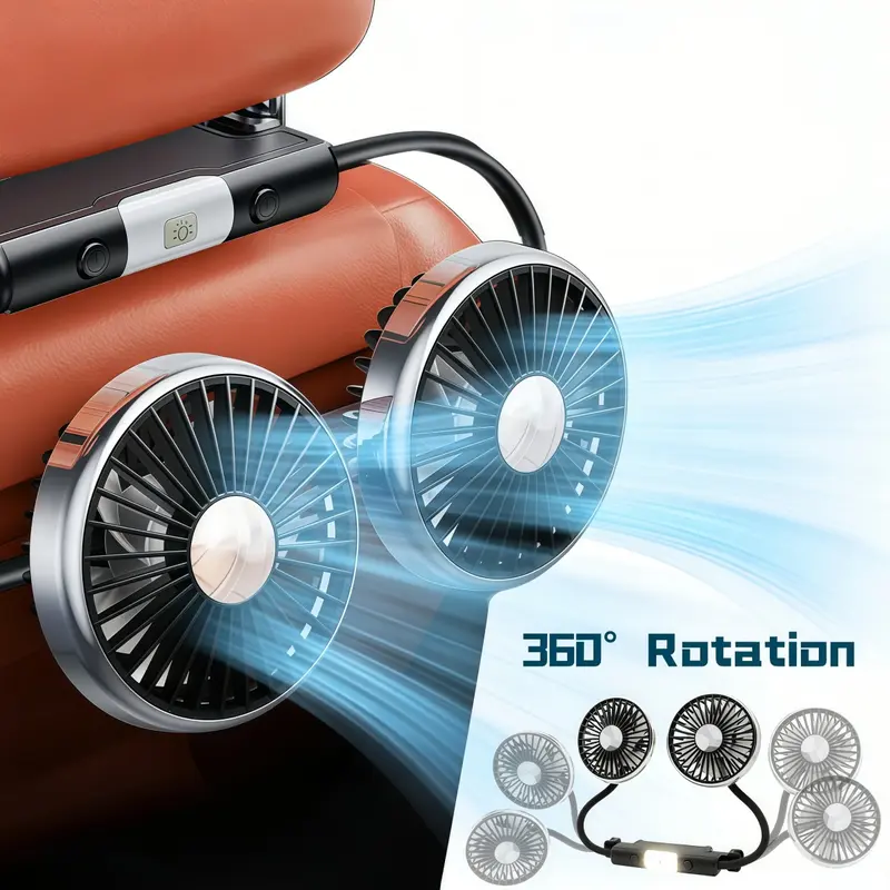 2 IN 1 Car Backseat Fan with LED Light, 360° Rotatable Car Seat Dual Head Fan Flexible for Baby Kids Child, Back Seat Cooling Fan Air Conditioner for Office Travel Sport Vehicle SUV RV Pickup Truck Headrest, 3 Adjustable Speeds USB Powered