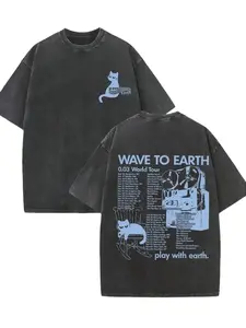 Retro Washed Black Oversized T-Shirt, Double-Sided "Wave to Earth" 0.03 World Tour Cat Graphic Print Tee, Casual Crew Neck Short Sleeve Top, Streetwear Unisex Loose Fit T-Shirt for Men & Women, Indie Grunge Aesthetic