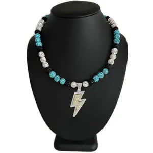 Iced Bling Disco Ball Rhinestone Crystal Bead Baseball Necklace Blue Black White Lightning