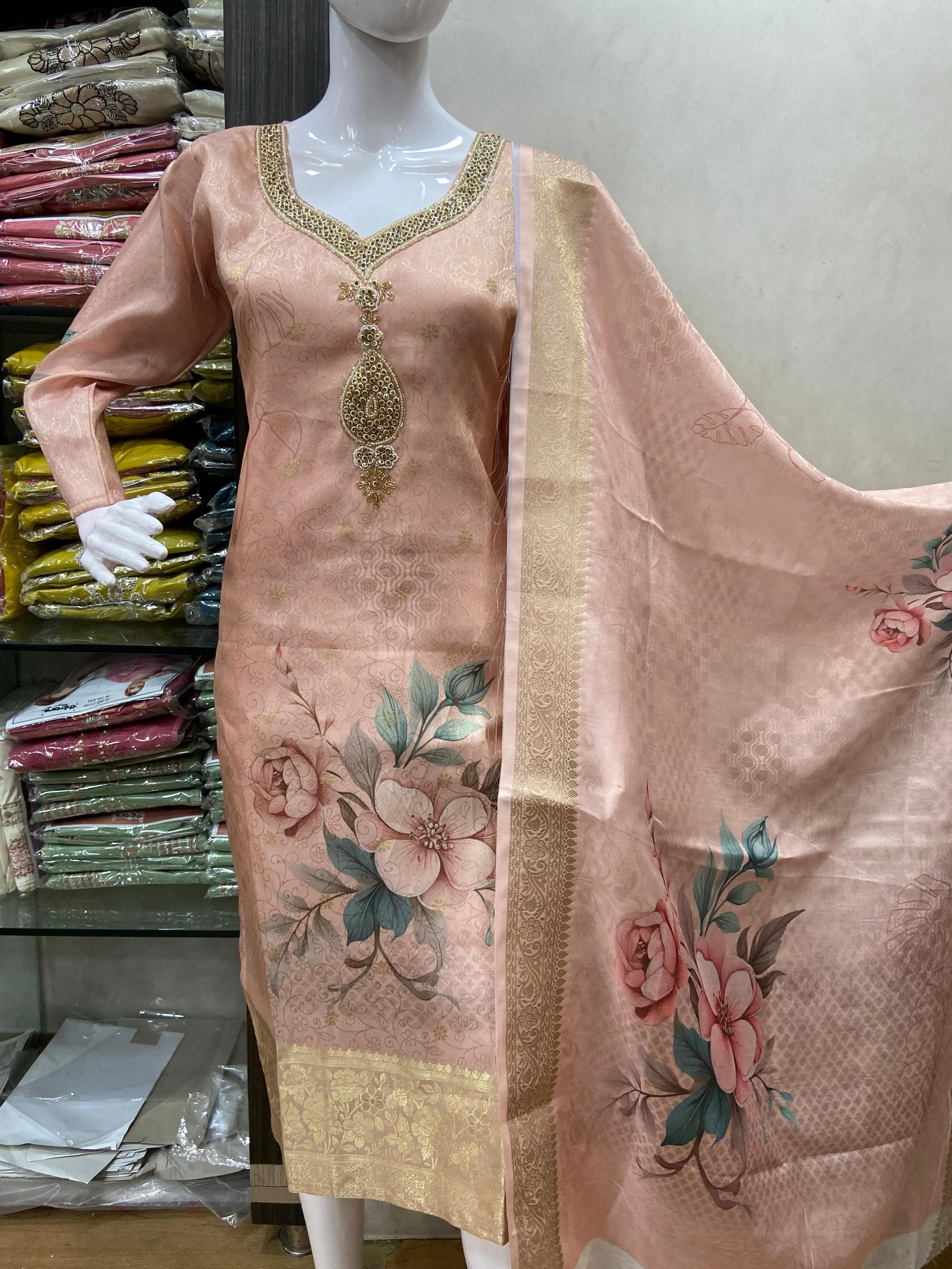 Neck Worked Floral Printed Banarasi Kurtha set