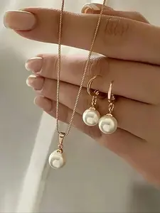 Elegant Pearl Pendant Necklace & Earrings Set, Simple Design Jewelry for Evening Parties Weddings, Perfect Gift for Special Occasions, All Seasons Wear
