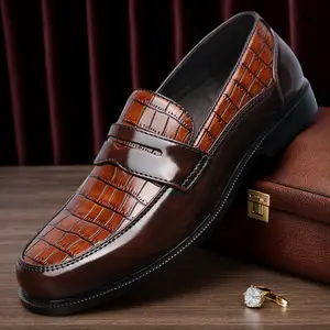 Men's Croc-Embossed Brown Penny Loafers, Slip-On Formal Dress Shoes82687