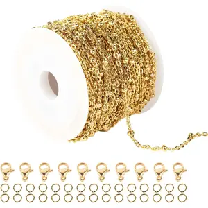33 Feet Gold Stainless Steel Jewelry Chain Soldered Cross Beaded Chain Roll Necklace Chain Spool in Bulk with Jump Rings Lobster Clasps for DIY Jewelry Making