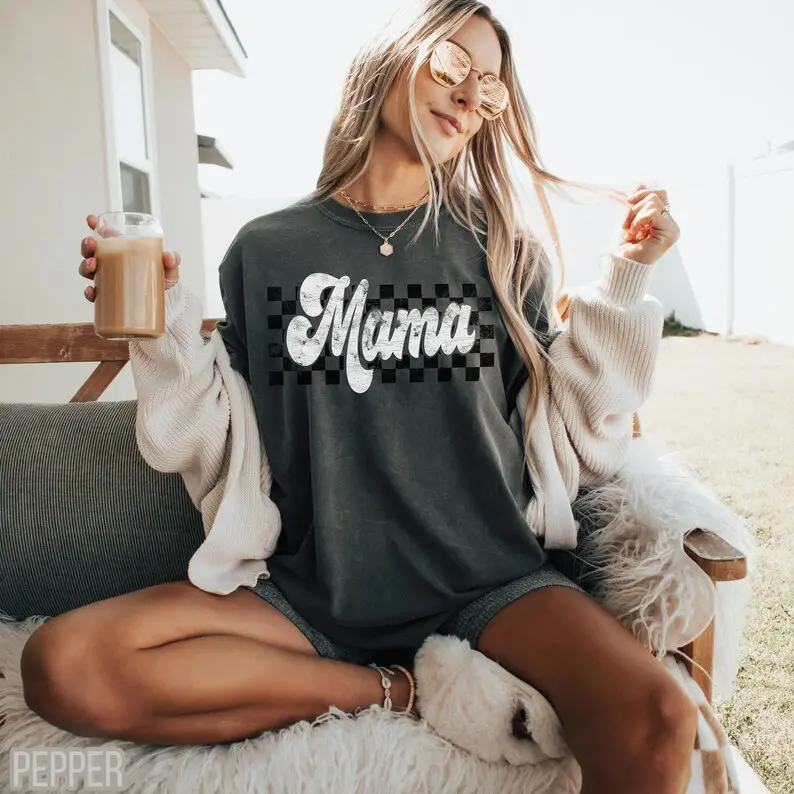 Comfort Colors Checkers Mama TShirt, Retro Mama T-Shirt, Vintage Mama Tee, Motherhood TShirt, Mama Tee, Vintage Checkered T-Shirts