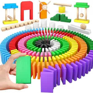 Large Dominoes for Kids, Wooden Dominos Set Include 200 PCS Colorful Domino Blocks, 10 Add-on Tricks and 1 Storage Bag, Bulk Building Dominoes, Kits Gift for Boys Girls Adult