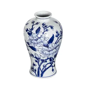 HomeRoots 565441 Traditional 13 in. Blue & White Floral Chinoiserie Round Ceramic Table Vase, Decor Piece for Home, Ideal Flower Vase & Gift
