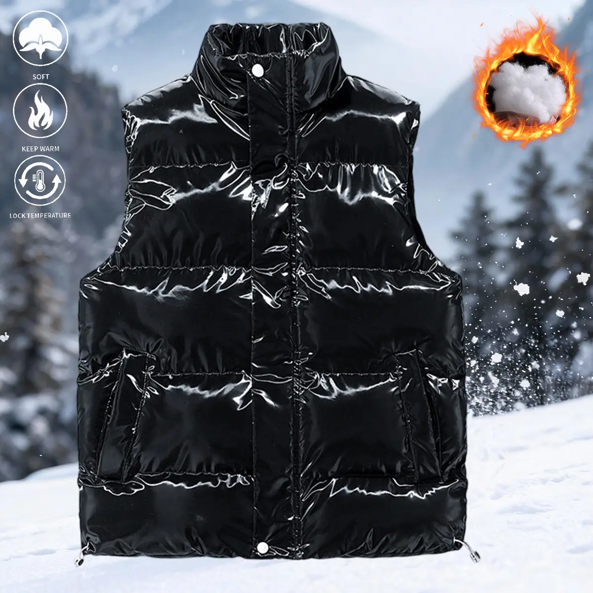 JOGWAVE Men’s Sleeveless Polyester Thick Stand Collar Shiny Zipper Vest, Warm Autumn-Winter Menswear Outerwear, Gift for Him