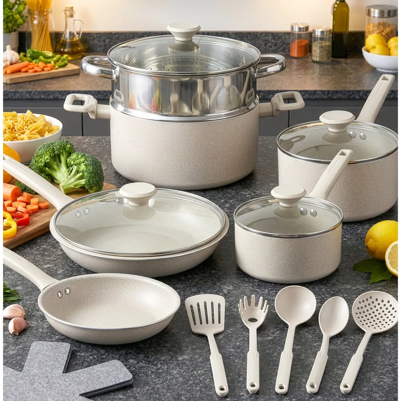 20 Pc Granitestone Desert Collection Ceramic or Nonstick Cookware Set