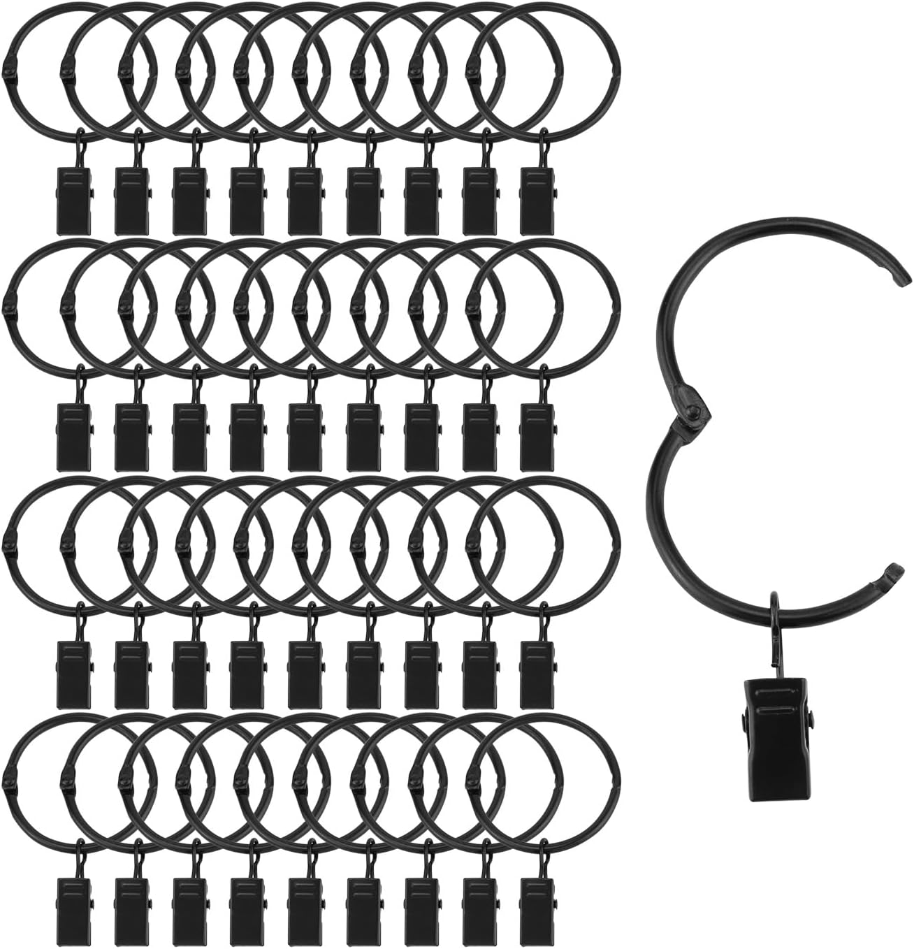 12/24/36 Pack Black Metal Shower Curtain Rings with Clips 1.26 Inch (3.2 cm) Interior Diameter, Fits up to 1.2 Inch Rods, Heavy-Duty Rustproof Decorative Vintage Eyelet Hangers for Drapery, Shower Curtains, Lights, Craft Projects, and Rod Hangers