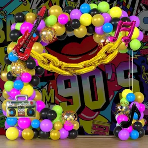 90S 80S Themed Balloon Garland Party Decorations Purple Rose Red Green Yellow Blue Black  Confetti Balloons Chain Radio Guitar Music Note Foil Balloon for  to 90's 80's  Pop Party Decor