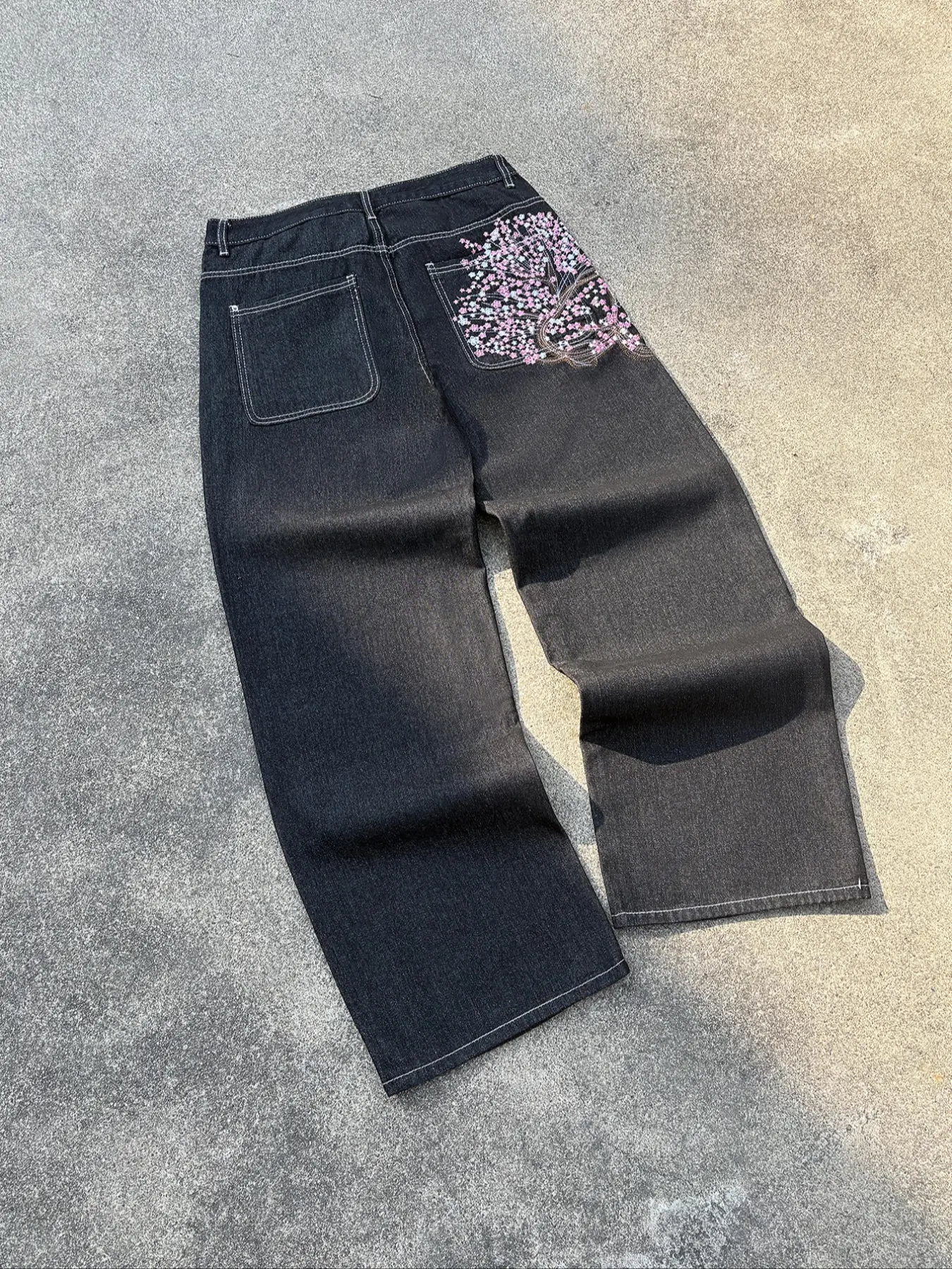 Men's Vintage Y2K Wide Leg Jeans with Cherry Blossom Embroidery, Stylish Loose-Fitting Streetwear, Perfect Valentine's Day Gift for Him