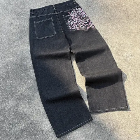 Men's Vintage Y2K Wide-Leg Denim Jeans with Cherry Blossom Embroidery, Stylish Loose-Fitting Streetwear, Perfect Gift for Him
