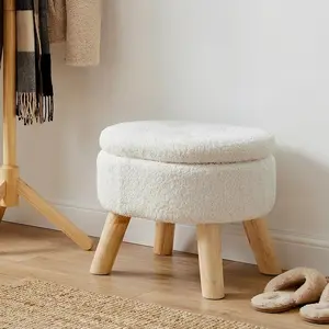 Polegas Small Ottoman with Storage, Modern Ellipse Footstool with Soft Padded Seat, Teddy Velvet Footrest with Wood Legs, White Storage Ottoman for Couch, Living Room and Bedroom