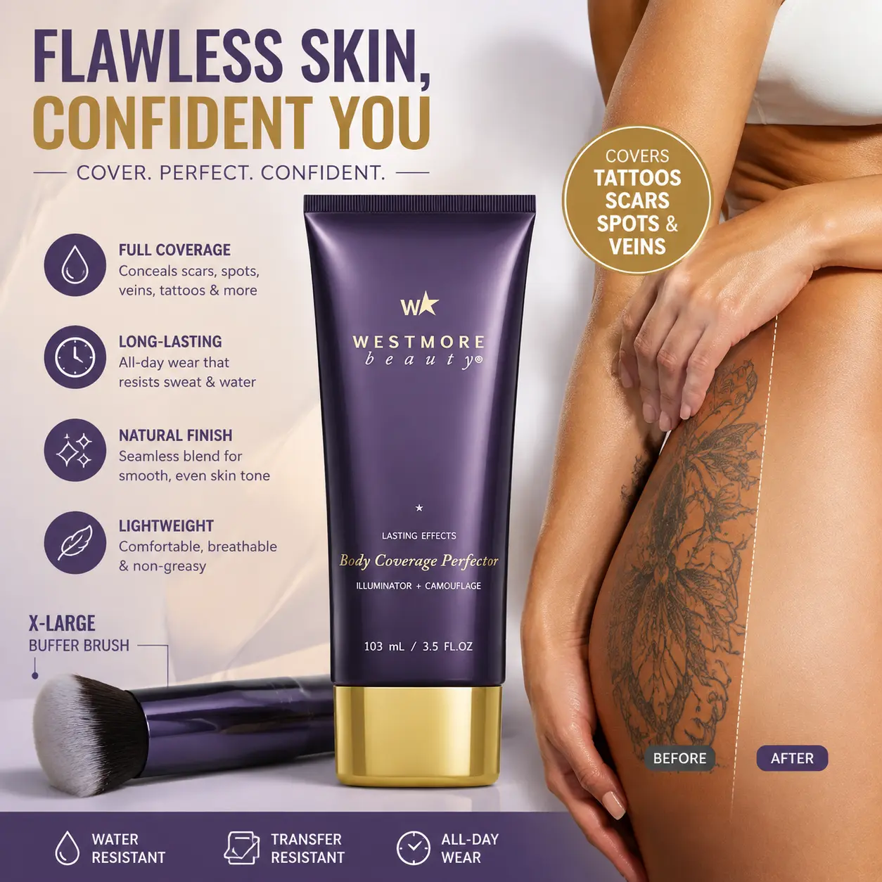 Beauty Body Coverage Perfector 3.5oz | Full Coverage Body Makeup Concealer | Covers Scars, Tattoos, Spots & Veins | Long-Lasting Natural Finish + X-Large Buffer Brush