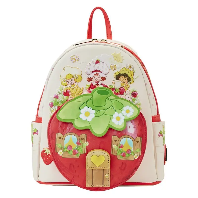 Loungefly Strawberry Shortcake Strawberry House Faux Leather Mini Daypack, Cute Stylish Daypacks with Polka Dot Print for Everyday Carry Collectibles, Adults, Kawaii Backpack Bag, Cute Polka Dot Print
