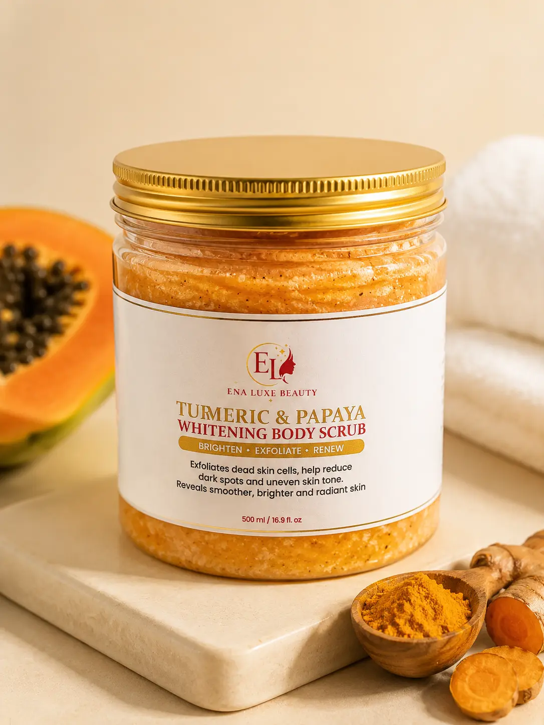 Turmeric & Papaya Brightening Body Scrub, Natural Exfoliating Scrub for Smooth, Glowing Skin (Beauty & Personal Care Bath Essential)