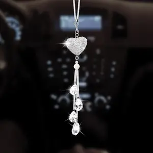 Bling Heart Rhinestone Hanging Charm for Rear View Mirror-Silver Crystal Diamond Auto Interior Ornament Pendant - Car Accessories for Men and Women