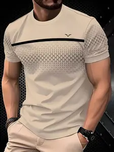 Men's Fashion Diamond Embellished Printed T-Shirt, Round Neck, Short Sleeve, Elastic Fabric, Summer Casual Wear, Streetwear