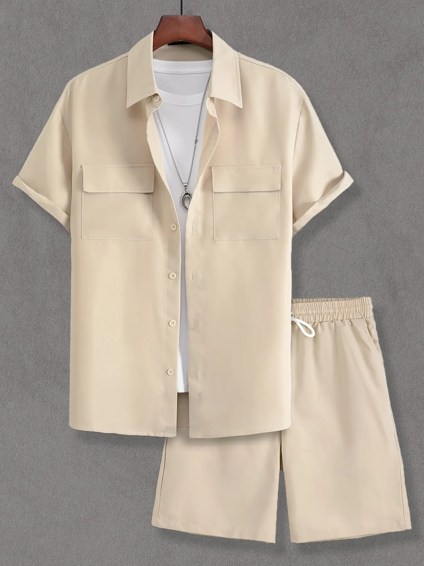 Men's Beige Plain 2-Piece Loungewear Set Casual Comfy Lounge Menswear - Short Sleeve Chest Pocket Shirt & Matching Drawstring Shorts, Soft Breathable Fabric, Relaxed Fit for At-Home Lounging, Lazy Weekends & Casual Evenings, Homewear