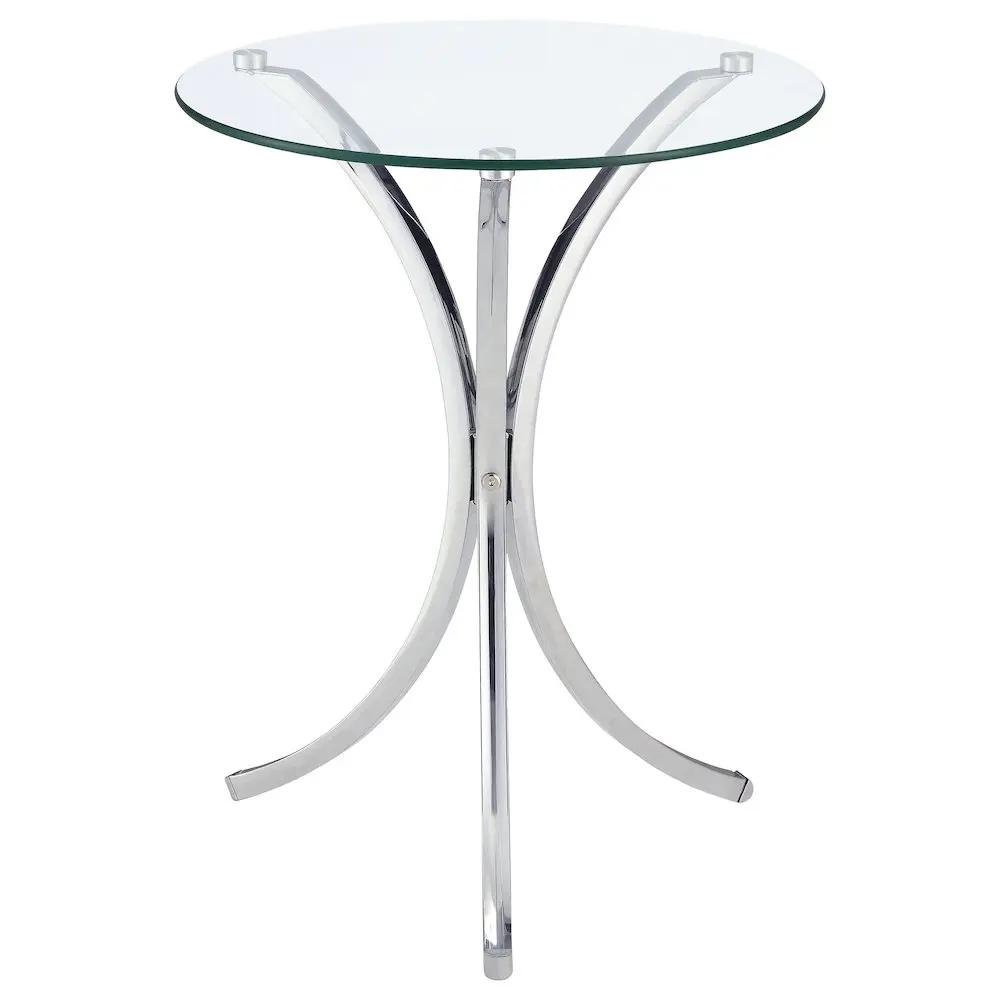 Eloise 3-Legged Modern Tempered Glass Top Round Accent Side Table - Chrome Metal Frame, Clean Aesthetic, Minimal Chic House Furniture, Glass and Metal Living Room Indoor Furniture, Three-Legged