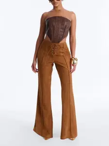 Out West Faux Suede Lace Front Straight Leg Pant - Camel