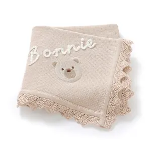 Mimixiong Custom Style Baby Blanket Soft Touch Cotton Knitted Plain Bear Head Pattern Design Solid Color Baby Swaddle for Newborns & Young Babies