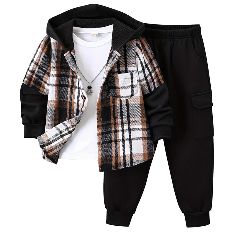 2-Piece Boys' Flannel Plaid Shirt & Pants Set with Hoodie Sweatshirt Suitable for Fall, Winter, and Spring Ages 4-12