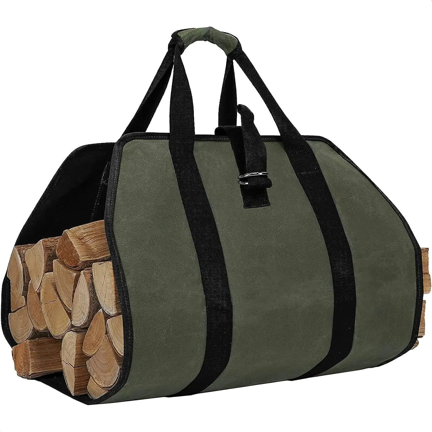 Firewood Carrier with Handles | Extra Large Waxed Canvas Log Tote Bag 39.4" x 18.5", Indoor Fireplace Wood Holder, Outdoor Fire Pit & BBQ Accessories, Heavy Duty Firewood Carrier for Camping & Home Use
