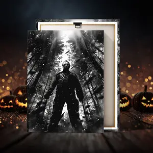 1 Count Wooden Framed Canvas, Horror Jason Poster, Halloween Decorative Poster, Funny Poster, Horror Poster Party Hanging Picture, Modern Art For Living Room, Bedroom, Family Decoration, Ideal Gift, Waterproof, Print