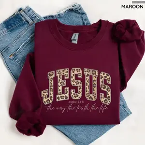 Christian Jesus Leopard Sweatshirt, Cheetah Print Bible Verse, Trendy Faith Apparel Gift, Jesus Loves You, The Way The Truth The Life Print Tee, Andrew Clothings