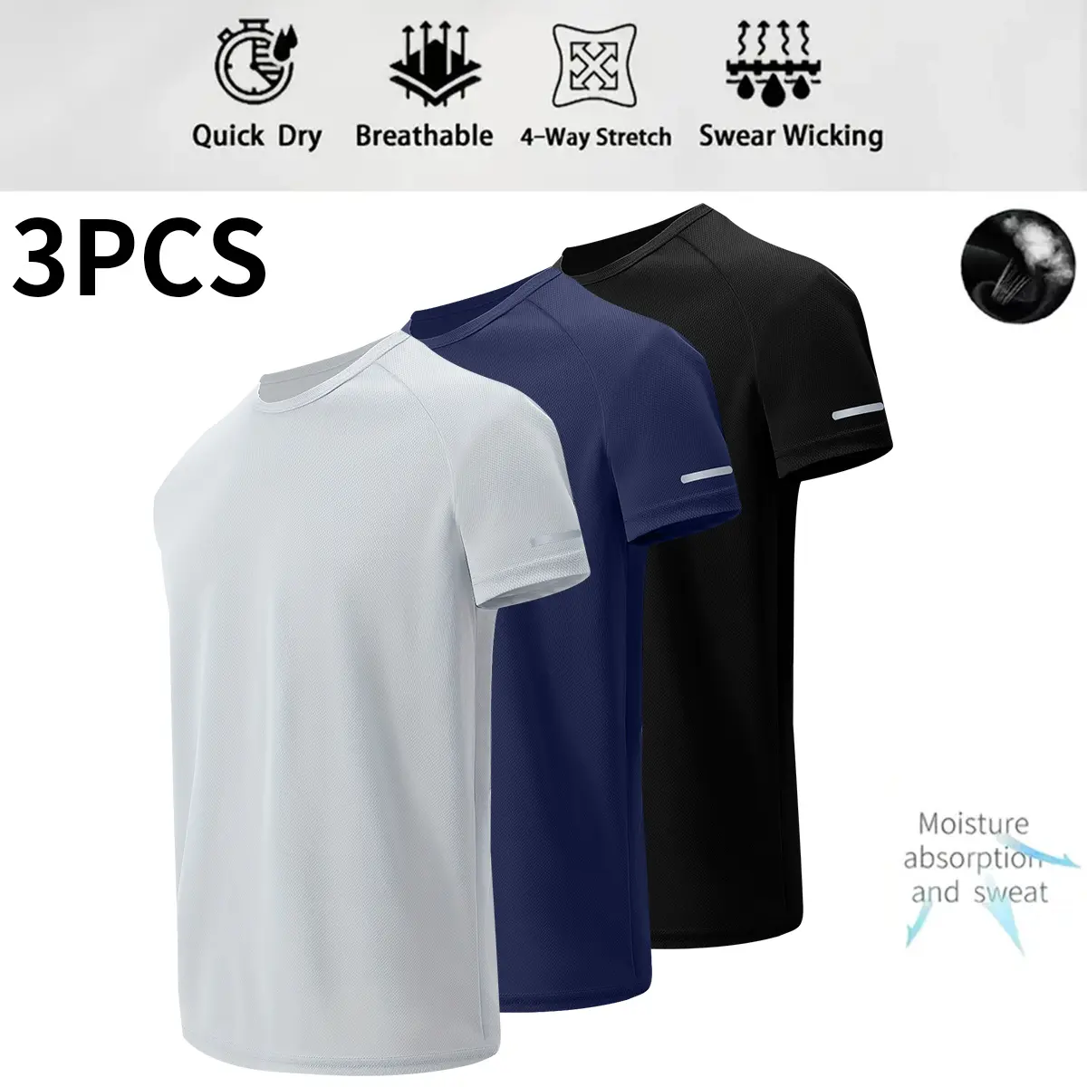 3-piece men’s ultra-thin quick-dry fitness running T-shirt set; stylish casual sports short-sleeve top; stretchy basic men’s casual streetwear short-sleeve T-shirt; basic crew-neck athletic top