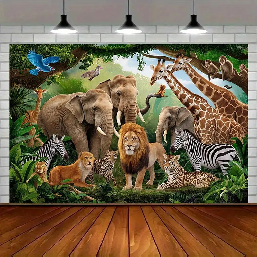 Modern Farmhouse 1pc Jungle Safari Party Banner - Vibrant Forest Animal Backdrop with Elephants, Giraffes, Lions & More - Amber Glow Wall Decor for Home, Room, or Youngsters' Parties, Party Backdrop Ornaments