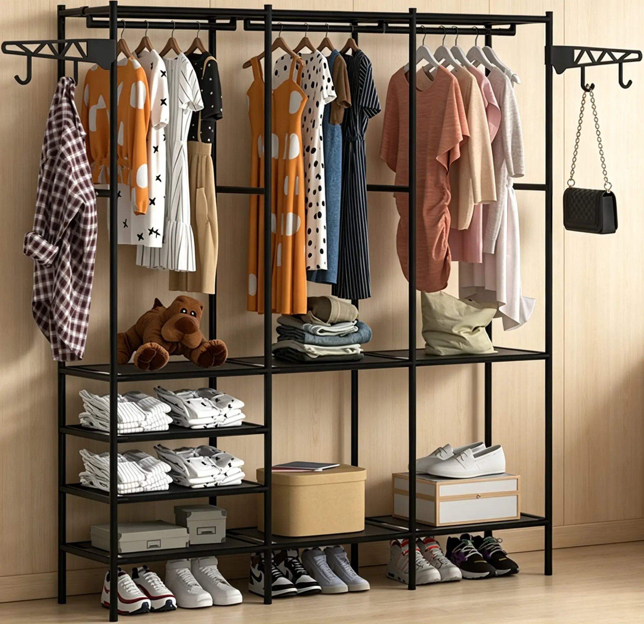 [HUOMAQFAN]  Portable Closet Wardrobe, 68x63x14 in 3-Layer 3-Section Home Organizer with Clothes Hanging Rack, Hooks for Bedrooms, Holds 20 - 25 Kg Heavy Winter Wear