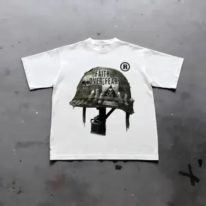 War Helmet Faith Over Fear Graphic Print Cotton T-Shirt, grunge y2k emo scene tapout goth amity affliction style clothes, unisex casual streetwear tee with edgy vintage distressed design for alternative fashion lovers