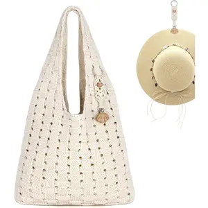 Crochet Tote Bag with Macrame Hat Clip for Travel Women Summer Beach Bag Aesthetic Knit Bag Cute  Bags