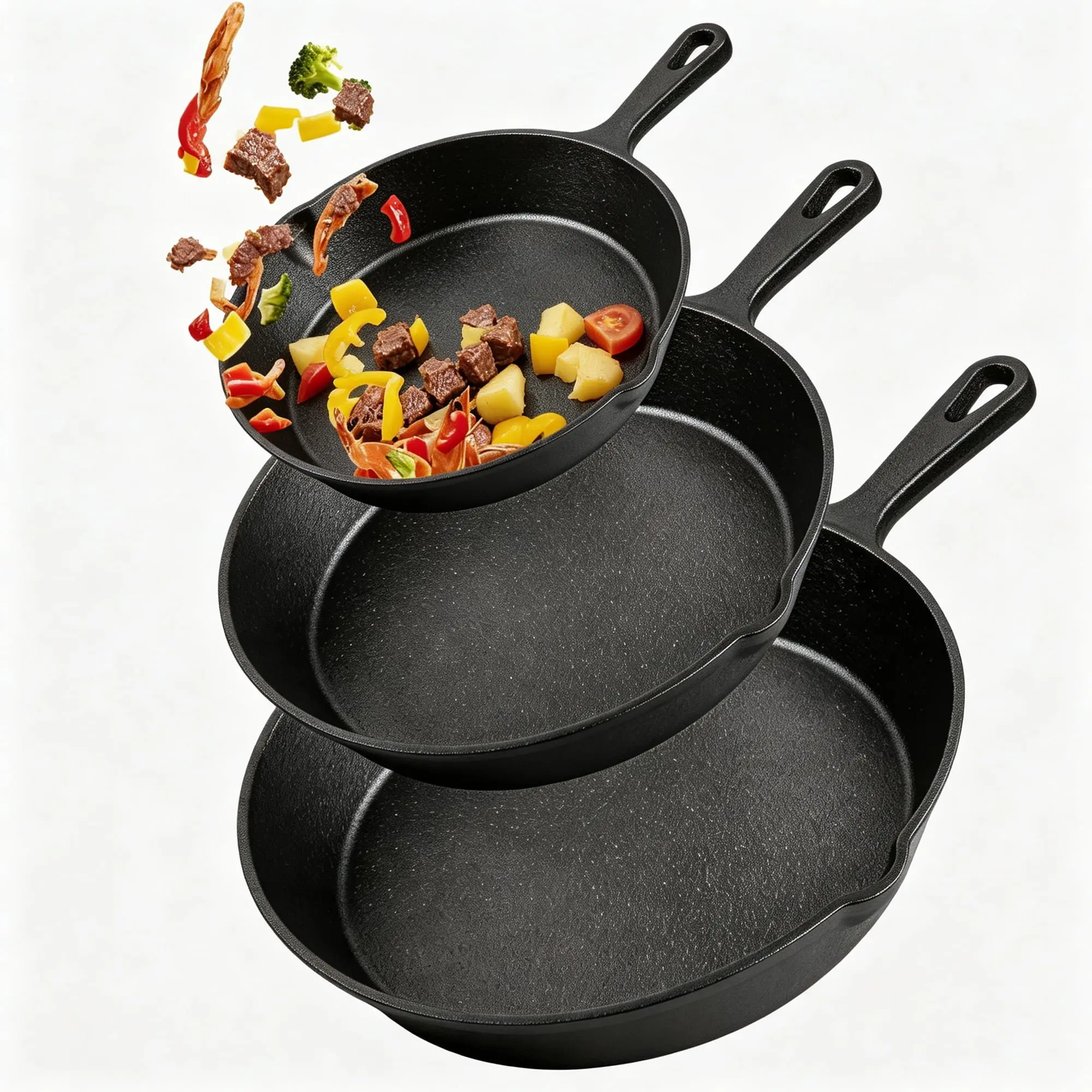 Pre-Seasoned Thick Cast Iron Cookware Set, 3-Piece 6in/8in/10in Steak Pans - Heavy-Duty Professional Quality, Hanging Feature, for Frying, Saute, Indoor/Outdoor Oven & Grill Use