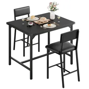 Space-Saving 3-Piece Counter Height Dining Table Set for 2 – Upholstered Bar Stools with Backrest & Footrest, Corner Protectors, Designed for Compact Kitchen or Dining Room Furniture