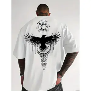 Men's Norse Viking Raven Graphic T-Shirt, Classic Premium Oversized Tee, Front & Back Printed Odin Raven Short Sleeve Top, Casual Streetwear for Summer