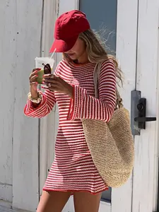 Women's Colorblock Striped Round Neck Sweater Dress, Casual Long Sleeve Crew Neck Knit Dress for Summer, Fashion Women's Dress for Daily Wear Womenswear