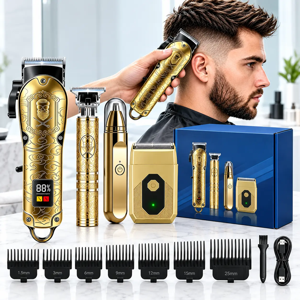 4-in-1 Professional Haircutting and Grooming Kit—includes a cordless hair clipper, beard trimmer, nose hair trimmer, and foil shaver; features USB charging and an LED display; suitable for home and professional salon use; an ideal Christmas gift for famil