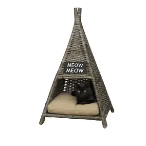 THE LICKER STORE Tiki Tent 20" x 20" Coastal Handwoven Rattan Cat Bed with Machine-Washable Cushion, Kubu Gray