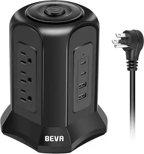 Power Strip Tower Surge Protector BEVA 10Ft Flat Plug Desktop Charging Station 9 AC Outlets 4 USB Ports, 900 Joules, Long Extension Cord for Home Office Appliances Smartphones Computer Tablets(Black) heying