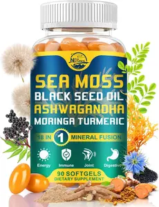 Nature's live Organic Sea Moss Softgels, with Black Seed Oil, Ashwagandha, Bladderwrack, Ginger, Burdock Root, Manuka Honey, Cinnamon for Immune System, Skin, Energy, 90 Softgels, 1 Pack