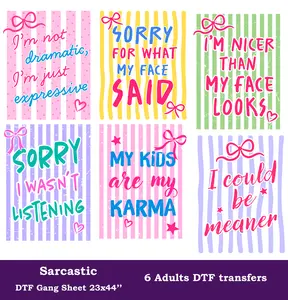 Sarcastic DTF Gang Sheet, 23x44 in. Funny Heat transfers
