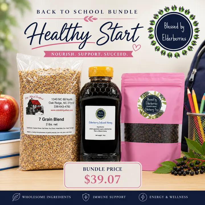 A Healthy Start Back to School Bundle - 7 Grain Oat Blend, 16oz Elderberry Honey, 4oz Power Tea - Bundle