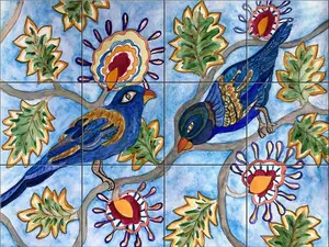 Becki Thomas Blue Birds in the Vine 2 Tile Mural - Kitchen Home Décor, Artwork on Ceramic Tile Mural, US Made